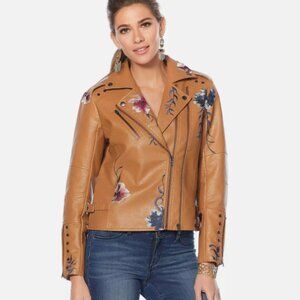 Colleen Lopez  Cognac Floral Embroidered Faux Leather Jacket Size M